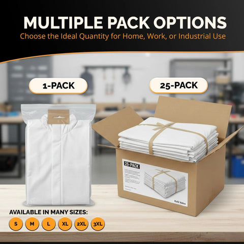 1-pack and 25-pack options of Heavy Duty White Disposable Coveralls For Industrial Work on a table.