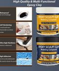 Two containers of epoxy sculpt clay for modeling and repair, showcasing uses such as sealing leaks and DIY sculpting.