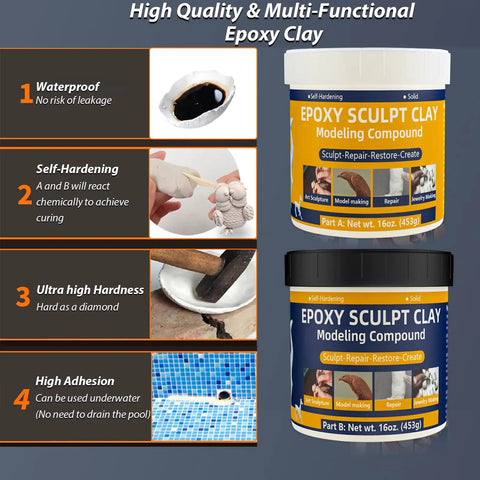 Two containers of epoxy sculpt clay for modeling and repair, showcasing uses such as sealing leaks and DIY sculpting.