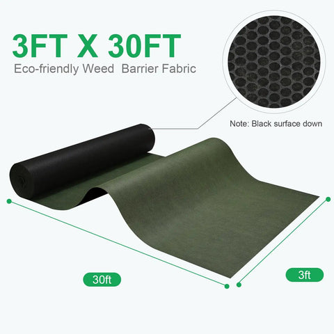 Heavy Duty Weed Barrier Landscape Fabric For Gardens And Yards Nonwoven Polypropylene Ground Cover Eco Friendly And Durable Weed Control Mat Green Black Design Easy Install 3x30 Ft rolled out with dimensions