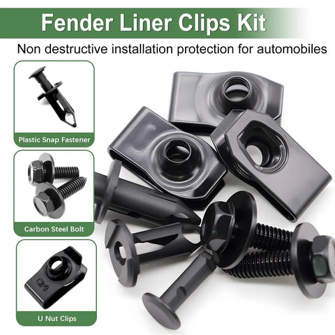 Close-up of 52 Piece Engine Under Cover Splash Shield Bolt Kit With U Nut Clips And Fender Liner Clips showing fasteners.