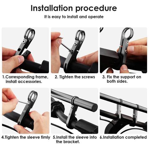 Installation steps for Bike Handlebar Extender 11.8 Inch Aluminum Alloy Bracket expanding cockpit space.