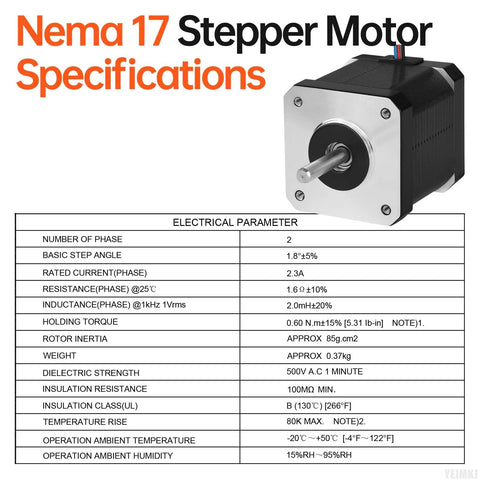 NEMA 17 stepper motor, front view; black body with silver faceplate and protruding shaft