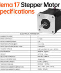 5Pack Nema 17 Stepper Motor 1.8 Degree 2 Phase High Torque with specifications chart