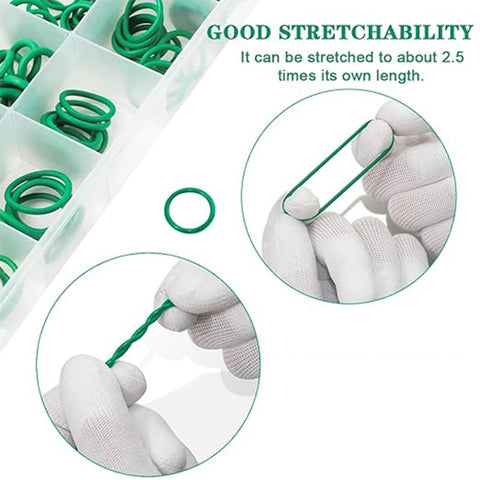 Front view of rubber O-ring kit, 270-piece metric assortment in storage box; green rings shown with stretched-ring close-up.