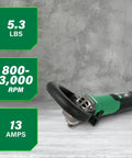 7-Inch Angle Polisher For Stone Grinding And Polishing With 13 Amp Motor, green body, on concrete, specs 5.3 lbs, 800-3,000 RPM