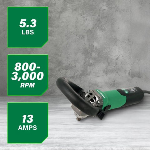 7-Inch Angle Polisher For Stone Grinding And Polishing With 13 Amp Motor, green body, on concrete, specs 5.3 lbs, 800-3,000 RPM