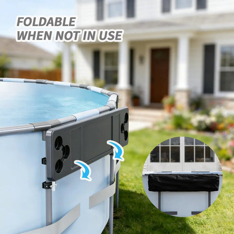 Six Cup Holder Poolside Bar Table For Folding Above Ground Pools Portable Swim Up Bar attached to round pool in backyard.