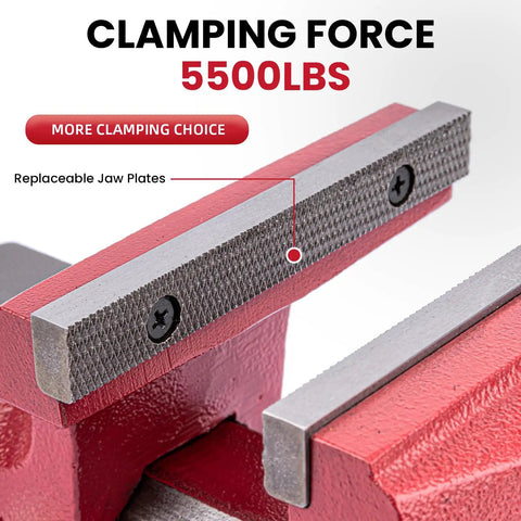 5 Inch Bench Vise With Anvil And Swivel Base For Home Shop Use Heavy Duty Jaw Throat Depth 2 11 16 Inches Jaw Opening 5 Inches 60000 PSI Ductile Iron Construction Reliable Clamp On Any DIY Project Great For Hobbyists And Makers. red 5 inch bench vise jaws with replaceable jaw plates