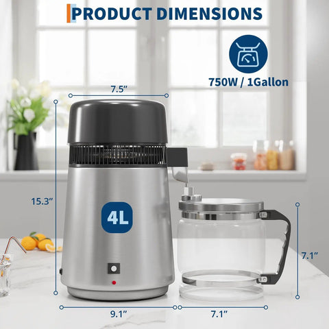Countertop Water Distiller For Home Use 1 Gallon Stainless Steel With Glass Carafe 750W Desktop Purifier in kitchen
