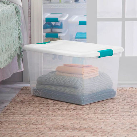 Hella Tough 64 Quart Clear Plastic Stackable Storage Containers With White Latch Lids And Ocean Blue Hinges 48 Pack Bpa Free Home Organization Totes To Squash Your Bedroom Clutter Now