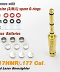 End Barrel Laser Bore Sight For 17HMR And.177 Cal, Quick Fit Bore Sighter For Revolvers, Pistols, Rifles, And Air Guns, brass body with 9 batteries and O-rings.