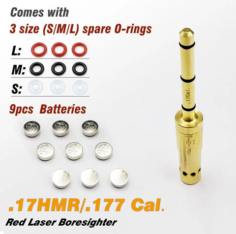 End Barrel Laser Bore Sight For 17HMR And.177 Cal, Quick Fit Bore Sighter For Revolvers, Pistols, Rifles, And Air Guns, brass body with 9 batteries and O-rings.