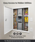Heavy Duty Rock Solid 24 X 36 Lockable Steel Access Panel For Drywall Wall Ceiling Utility Door With Rust Proof Powder Coated Finish open, showing hidden utilities like plumbing and HVAC.