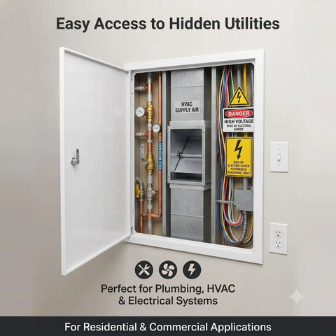 Heavy Duty Rock Solid 24 X 36 Lockable Steel Access Panel For Drywall Wall Ceiling Utility Door With Rust Proof Powder Coated Finish open, showing hidden utilities like plumbing and HVAC.