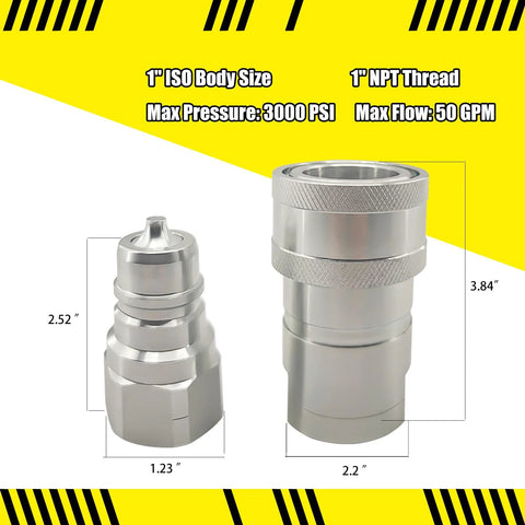 Side view of hydraulic quick-connect coupler set; two silver metal fittings (1 male plug, 1 female receptacle) with knurled grips for 1" NPT.