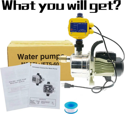 Powerful Half Horsepower Shallow Well Pump 120V AC Water Pump With Pressure Switch and manuals, ideal for garden hose use.