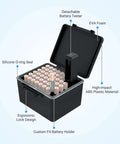Heavy Duty Storage Box For Forty Four Aaa Batteries With Detachable Tester showcasing internal battery storage and tester.