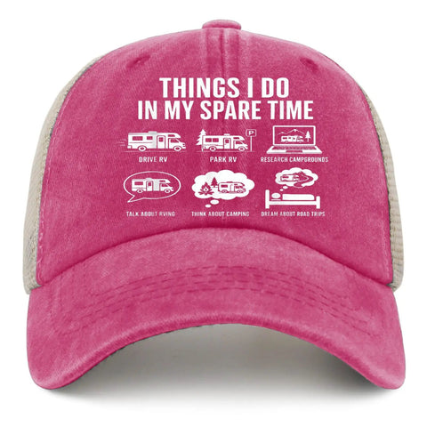 Funny Spare Time Humor RV Camper Sun Hat For Him Pink Running Cap with phrases and RV graphics, ideal for outdoor activities