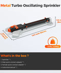 Turbo Oscillating Water Sprinkler With 17 Nozzles on metal base, dimensions labeled, includes adapters and instruction manual.