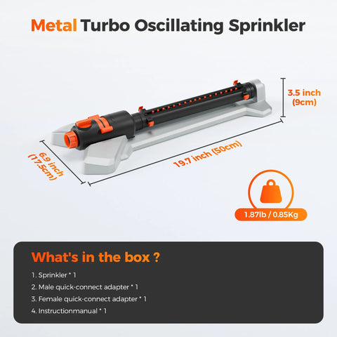 Turbo Oscillating Water Sprinkler With 17 Nozzles on metal base, dimensions labeled, includes adapters and instruction manual.