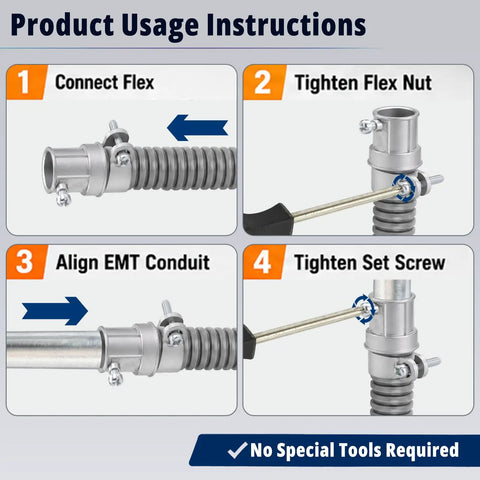 Half Inch EMT To Flex Combination Squeeze Coupling With Snap In Design For Quick Tool Free Install Connects One Half Inch EMT To Flexible Conduit With Durable Zinc Alloy Silver Finish Perfect For DIY Electrical Projects, install steps