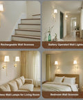 Premium Gold Wall Sconces Set Of 2, Wireless Rechargeable And Dimmable Battery Operated Lights in various room settings.