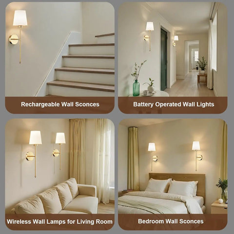 Premium Gold Wall Sconces Set Of 2, Wireless Rechargeable And Dimmable Battery Operated Lights in various room settings.