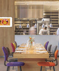 Old School Metal Sign Mie Ramen Tin Sign 8x12 Inch in stylish restaurant interior with colorful chairs