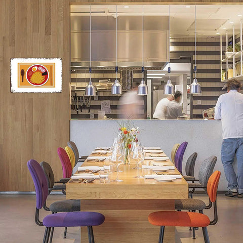 Old School Metal Sign Mie Ramen Tin Sign 8x12 Inch in stylish restaurant interior with colorful chairs