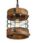 Retro Industrial Round Cage Pendant Light With Metal And Wood Frame, 1 Light Chandelier, Brown, 7.9 Inch Diameter, Front View