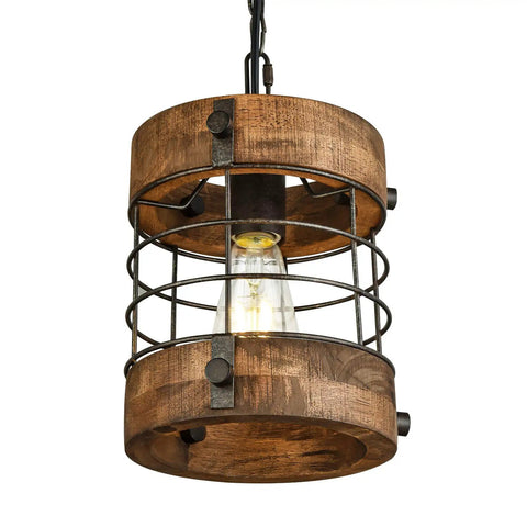 Retro Industrial Round Cage Pendant Light With Metal And Wood Frame, 1 Light Chandelier, Brown, 7.9 Inch Diameter, Front View