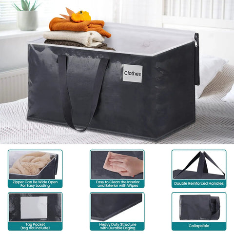 Heavy Duty Collapsible Moving Bags 93L 8-Pack With Strong Zippers And Durable Handles, shown in storage use on bed