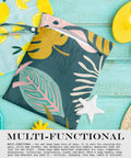 Waterproof Wet Bag For Travel And Beach Days, Wet Dry Bag, palm leaf tropical print, 26x32cm, on colorful background with accessories.