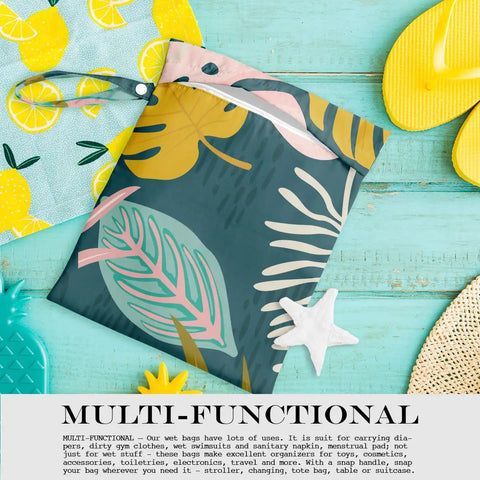 Waterproof Wet Bag For Travel And Beach Days, Wet Dry Bag, palm leaf tropical print, 26x32cm, on colorful background with accessories.