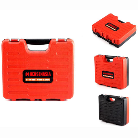 Heavy Duty Top Tier Bi Metal Hole Saw Kit Featuring 30 Piece Tool Set With 10 Inch Extension For No Sweat Wood Metal Pvc Aluminum Drilling Includes Dual Arbors Pilot Bits And Tool Shed Essentials, case design in red and black.