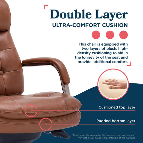 Close-up of tufted executive office chair with double layer cushion, padded armrests in cognac bonded leather, ergonomic comfort.