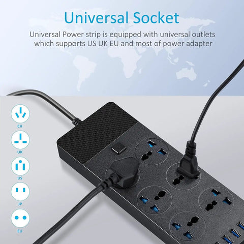 European Travel Plug Adapter Universal Power Strip With Six AC Outlets And Four USB Ports One USB C 110 to 240V 3000W with cords plugged in