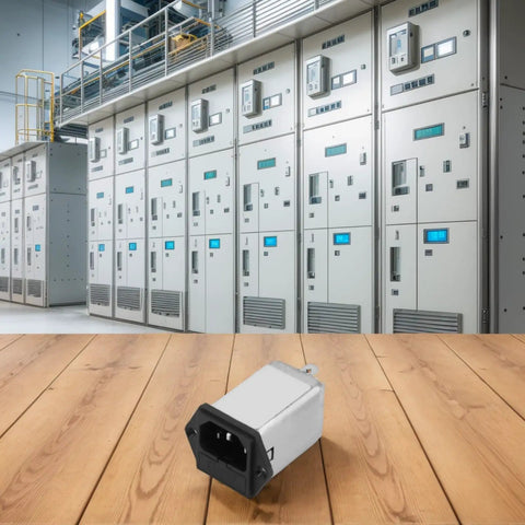 IEC Input Module With EMI Filter And Fuse 250V AC 10A Power Outlet For Industrial Electronics Office And Test Equipment Noise Suppression Component CW2A/AR Great For Pro Shops And Labs In Real World Use on floor in front of control panels