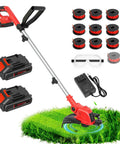 21V Cordless Weed Wacker And Edger Kit with 12-inch trimmer, dual 2Ah batteries, fast charger, safety goggles, and spools.
