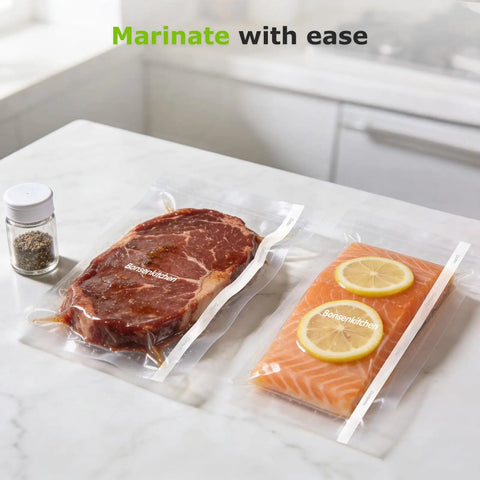 Steak and salmon in vacuum-sealed bags with 11 Inch By 150 Foot Vacuum Sealer Bags Roll With Built In Cutter, BPA Free.