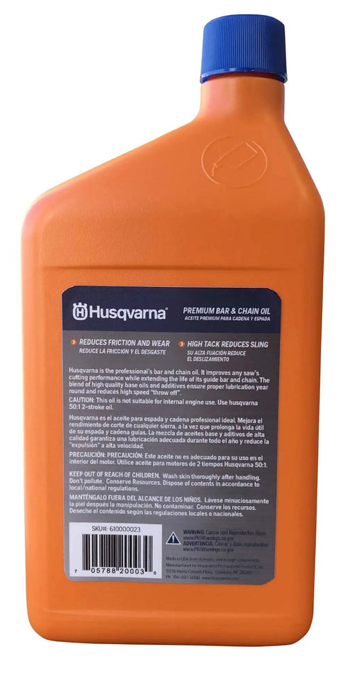 Reverse side of X Guard Premium All Season Mineral Bar And Chain Oil For Chainsaws, 1 Quart showing label details