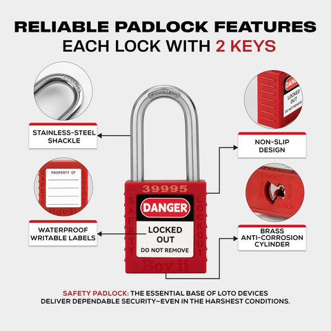 Lockout Tagout Kit With 50 Red Safety Padlocks And Tags Keyed Differently Two Keys Per Lock A Real Worksite Workhorse OSHA Compliant LOTO Locks For Lockout Tagout Stations And Devices stainless-steel shackle brass cylinder