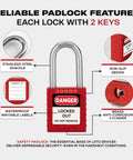 Lockout Tagout Safety Padlock Set With 6 Red Keyed Different Locks And Two Keys Per Lock For OSHA Compliance, labeled features.