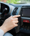 Person using black cloth to clean car touchscreen, part of 200 Pack Multicolor Microfiber Cleaning Cloths 6x7 Inches For Glasses Lenses Screens Cameras Phones Laptops Tablets LCD TVs And More All In One Eyewear Lens Wipes Set For Grab-And-Go Tech Care