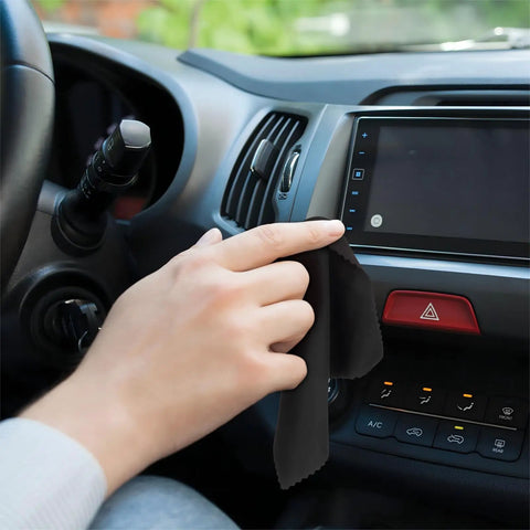 Person using black cloth to clean car touchscreen, part of 200 Pack Multicolor Microfiber Cleaning Cloths 6x7 Inches For Glasses Lenses Screens Cameras Phones Laptops Tablets LCD TVs And More All In One Eyewear Lens Wipes Set For Grab-And-Go Tech Care