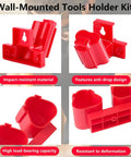 Milwaukee M12 Battery And Tool Holder Wall Mount Rack in red, four views showing impact-resistant ABS and anti-drop design