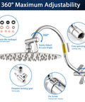 All Metal 12-Inch Rainfall Shower Head With 16-Inch Adjustable Brass Extension Arm Handheld Combo High-Pressure Shower Kit Includes 70-Inch Hose And 3-Way Diverter Chrome showing 360° adjustability and fix screw.