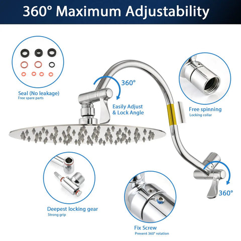 All Metal 12-Inch Rainfall Shower Head With 16-Inch Adjustable Brass Extension Arm Handheld Combo High-Pressure Shower Kit Includes 70-Inch Hose And 3-Way Diverter Chrome showing 360° adjustability and fix screw.