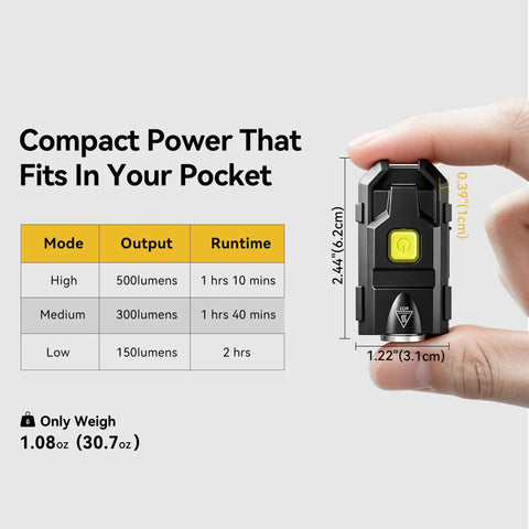 Compact Ultra Bright 500 Lumen USB Rechargeable Small Flashlight Keychain Light with size and mode details